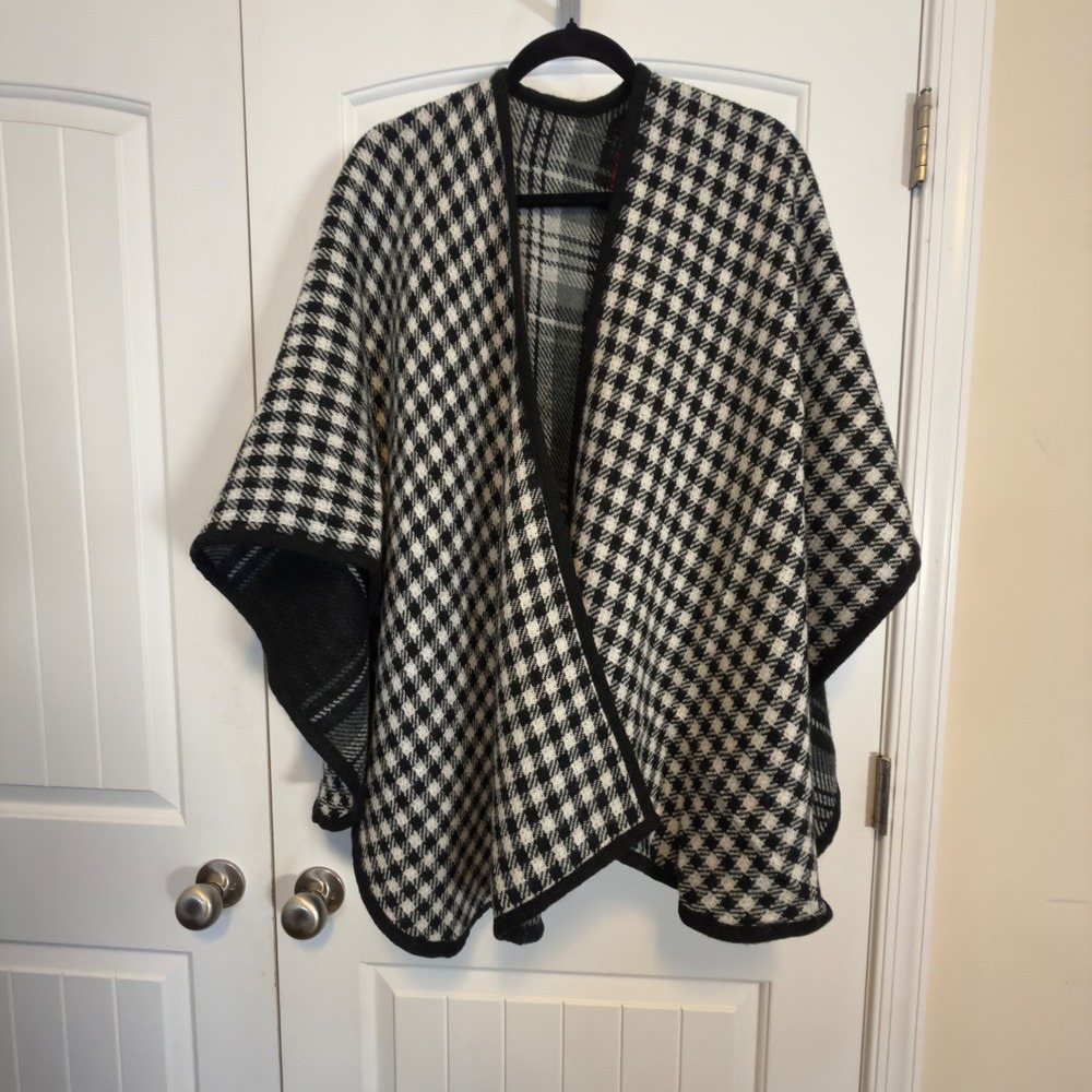 Reversible Plaid Houndstooth Open Front Poncho Wrap Shawl Cape Chic Fall Classy - Picture 3 of 9